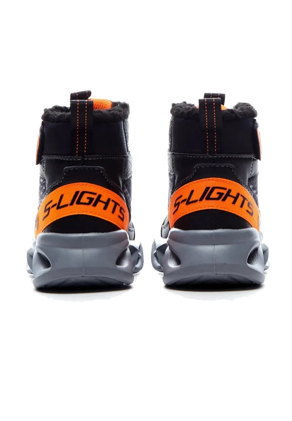 Skechers S Lights Twisted Brights Drovox Jungen Stiefel Gefüttert LED 401651L Schwarz Orange 6