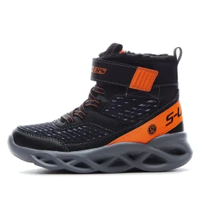 Skechers S Lights Twisted Brights Drovox Jungen Stiefel Gefüttert LED 401651L Schwarz Orange 10